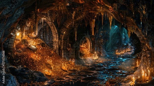 Volcanic cavern interior reveals a treasure hoard with golden coins, ancient architecture and soft candle lighting.