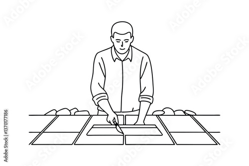 Man installing paving stones, outdoor patio project, DIY home improvement