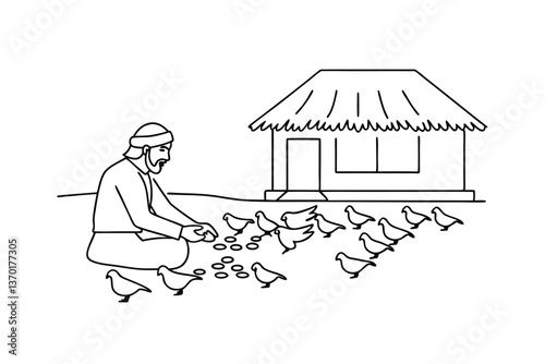 Man Feeding Doves Near Humble Rural ThatchedRoof House
