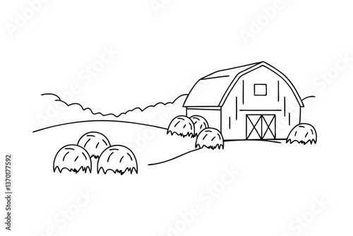 Farm scene, barn, hay bales, rural landscape, countryside, agriculture, drawing, sketch, simple, rus