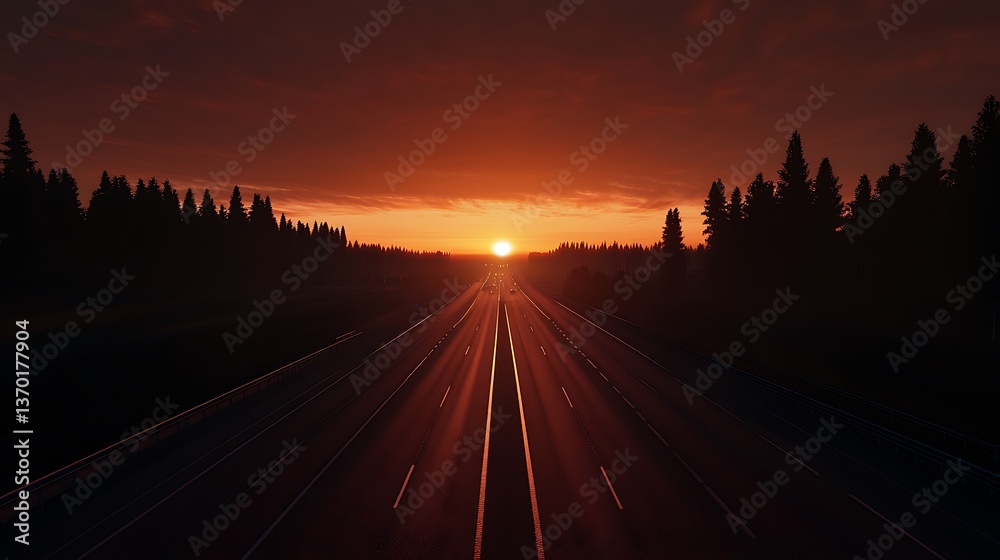 Highway at Sunset with Golden Light and Silhouette Trees, Road Trip Journey, and Scenic Travel Highway at Sunset with Golden Light and Silhouette Trees, Road Trip Journey, and Scenic Travel