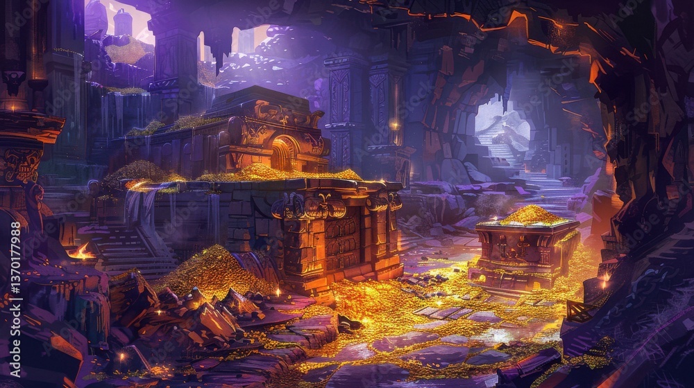 Obraz premium Ancient temple ruin filled with piles of gold coins and treasures in a cavern, with mysterious archways, steps, and fantasy elements.