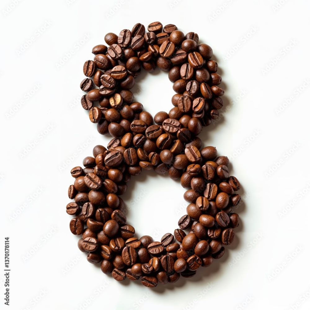 Coffee beans arranged into the number 8, deep macro shot, rich roasted textures, smooth and rough contrast, caffeine-inspired artistic composition. Coffee beans arranged into the number 8, deep macro shot, rich roasted textures, smooth and rough contrast, caffeine-inspired artistic composition.