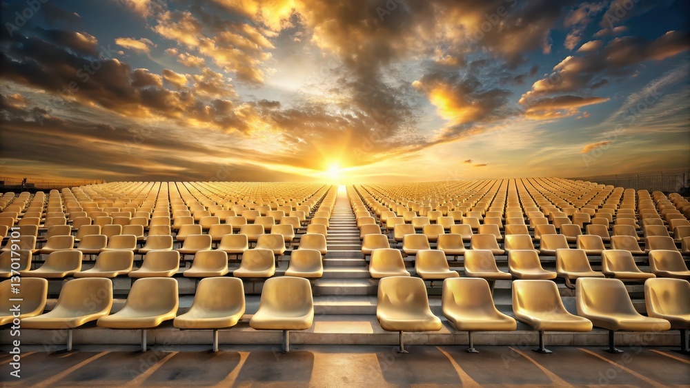 Obraz premium Golden Seats at Sunset A Serene View of Empty Stadium Rows Extending Towards a Radiant Horizon