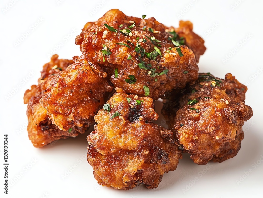 Serving of Crispy Fried Chicken Bites with Herbs and Sesame Seeds Serving of Crispy Fried Chicken Bites with Herbs and Sesame Seeds