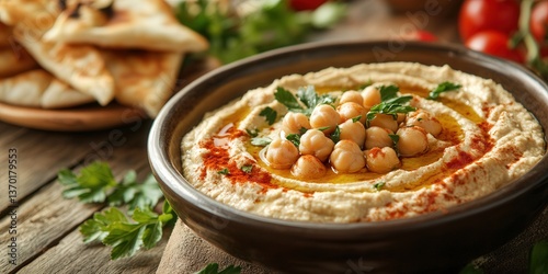 Delicious hummus in a rustic bowl garnished with chickpeas and parsley.
