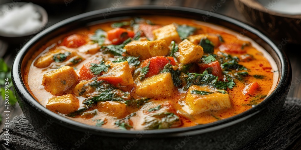 Aromatic curry with paneer and fresh spinach served in a black bowl. Aromatic curry with paneer and fresh spinach served in a black bowl.