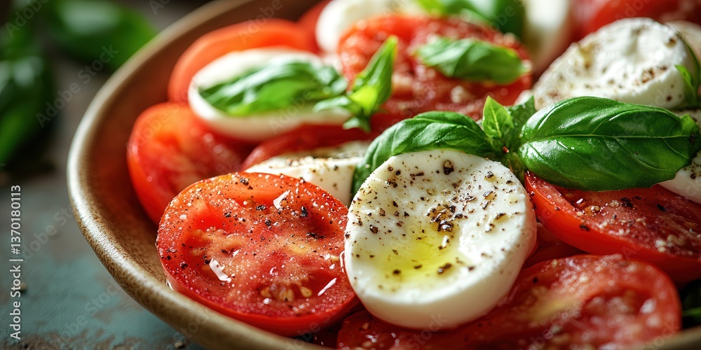 Fresh caprese salad with sliced tomatoes, mozzarella, and basil leaves, drizzled with olive oil and black pepper. Fresh caprese salad with sliced tomatoes, mozzarella, and basil leaves, drizzled with olive oil and black pepper.