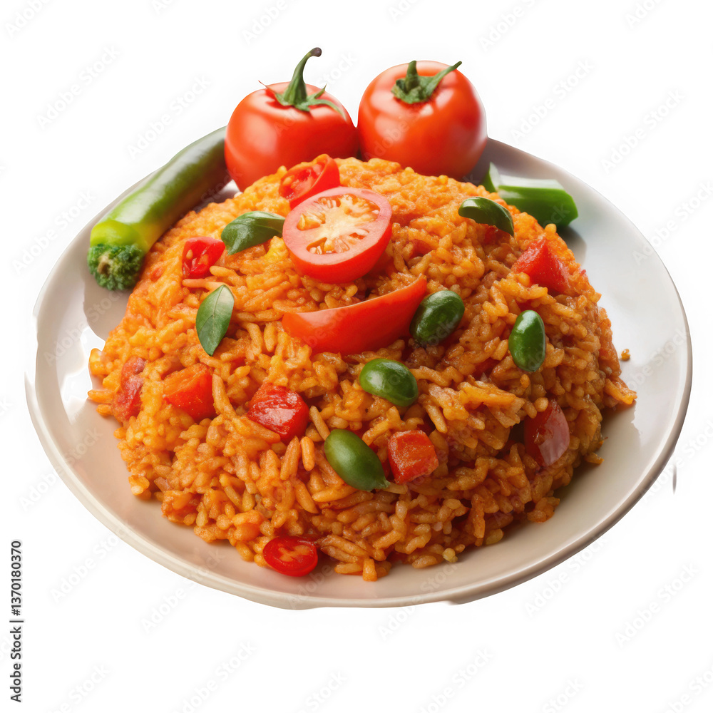 A vibrant plate of Nigerian jollof rice garnished with fresh tomatoes and green peppers, showcasing an explosion of colors and flavors. A vibrant plate of Nigerian jollof rice garnished with fresh tomatoes and green peppers, showcasing an explosion of colors and flavors.
