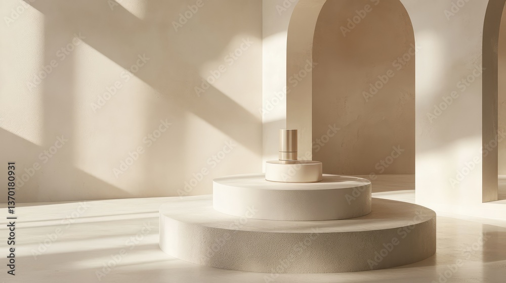 Elegant Minimalist Display of a Cosmetic Bottle in a Soft, Sunlit Interior with Archways and Neutral Tones Creating a Calming Atmosphere for Branding Purposes Elegant Minimalist Display of a Cosmetic Bottle in a Soft, Sunlit Interior with Archways and Neutral Tones Creating a Calming Atmosphere for Branding Purposes