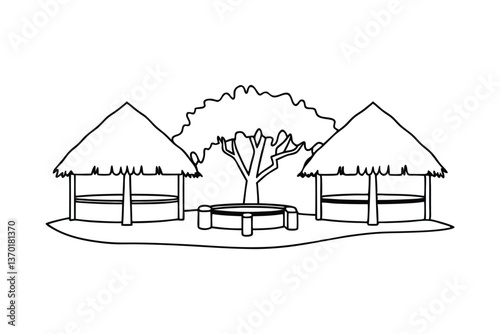 Tropical Island Hut Oasis Two Thatched Cabanas, Tree, Relaxation