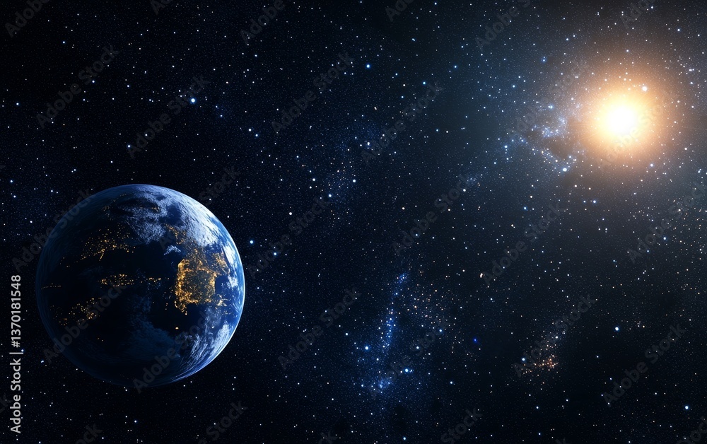Obraz premium 3D Rendered Earth and Moon with Sunlit Stars: Stock Photo Style, 20mm Lens