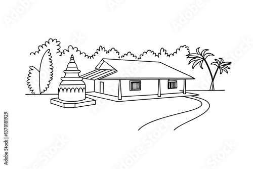 Simple Line Drawing of Kerala House and Temple Shrine