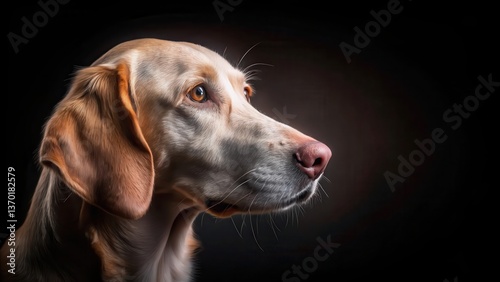 A wistful canine companion, a loyal friend, gazes thoughtfully into the distance, its soft fur illuminated against a dark backdrop, a portrait of serene canine beauty.