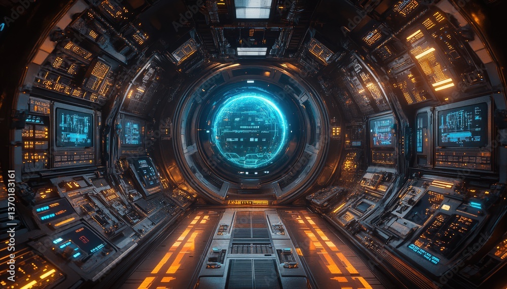 Fototapeta premium Futuristic spacecraft interior with a large glowing spherical display