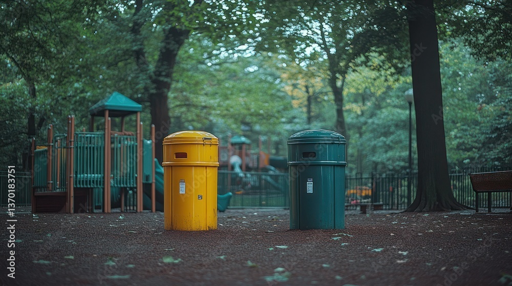 Empty park bins in a playground area