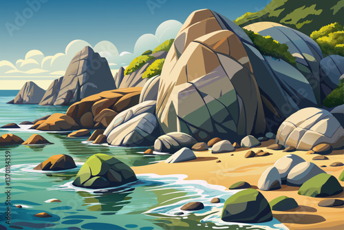 Massive Coastal boulders with calm ocean waves nearby, Highly detailed vector illustration