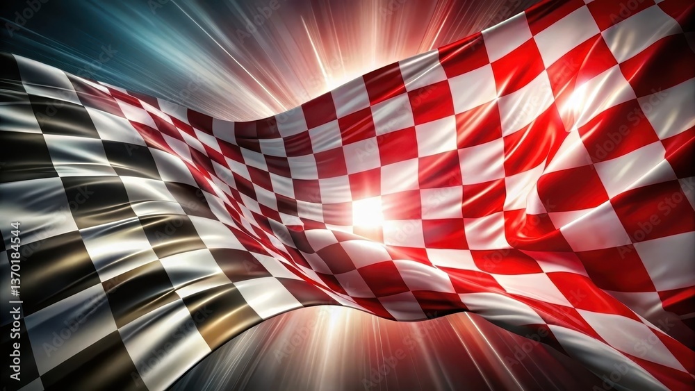 Obraz premium A Dramatic Checkered Flag Unfurling in a Radiant Light Burst, Symbolizing Triumph and Victory