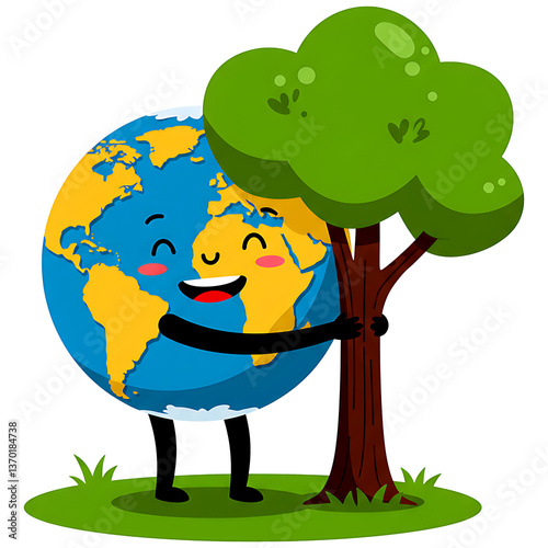 A cartoon depiction of Earth hugging a tree, conveying a message of environmental love and protection.