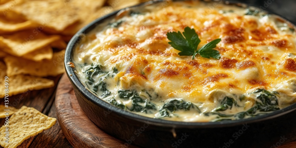 Baked spinach and cheese dip with crispy tortilla chips on the side. Baked spinach and cheese dip with crispy tortilla chips on the side.