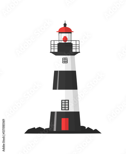 Black and white lighthouse icon set with red accents, flat style, vector.
