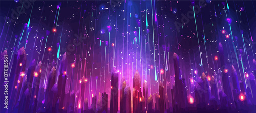 Futuristic cityscape with neon meteor shower and colorful skyline at night, flat icons set, vector.