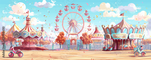 Amusement park landscape with rides and ferris wheel, flat icons set, vector.