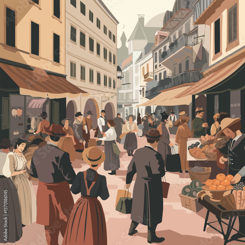 Historical european market scene with merchants and shoppers, flat icons set, vector.