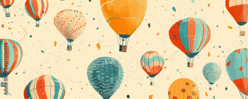 Hot air balloons pattern design with colorful balloon icons set, flat vector.