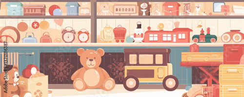Vintage toy store interior with classic toys and teddy bear - flat icons set.