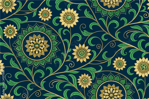 A seamless vector pattern of flowing, emerald-green vines curling into elegant spirals, interwoven with golden crescent blooms, their petals fanning out in rhythmic  arcs