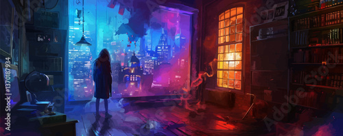 Futuristic cityscape from a room with vibrant neon light; night scene, flat icons set.