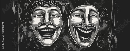 Tragedy and comedy masks on dark background, dramatic theater symbols, vector, flat icons set.