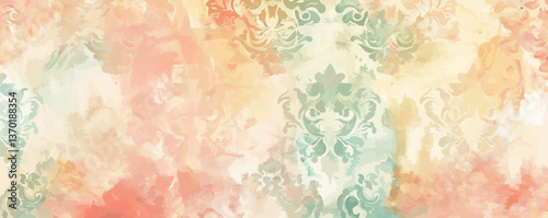 Vintage floral damask pattern with watercolor texture, ornamental wallpaper design, flat icons set, vector.
