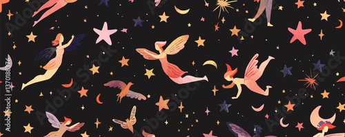 Whimsical fairies and stars seamless pattern on black background, flat icons set.