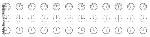 Set of time and clock icons. Analog clock, notifying each hour. Business watch. Speed time icon. Vector.