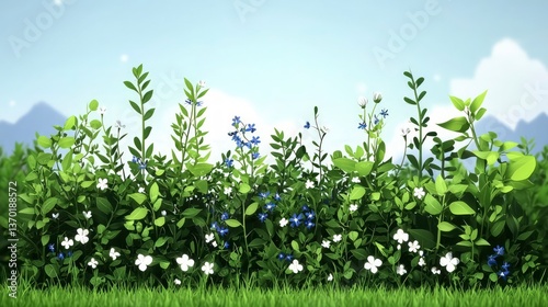Lush Green Spring Meadow with Delicate Blue and White Flowers Blooming in the Sunny Day