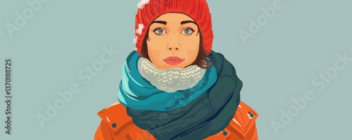 Winter woman portrait with red beanie and scarf – flat icons set vector.