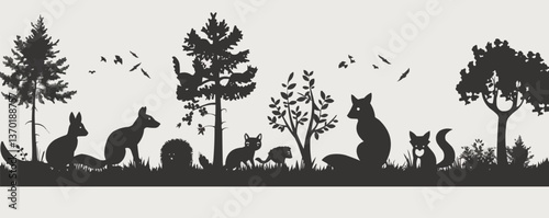 Forest wildlife silhouette vector, flat icons set.