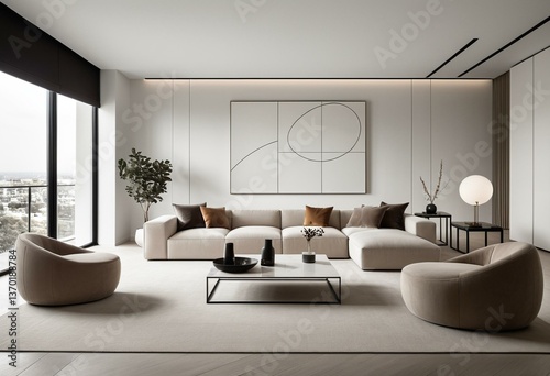 A living room filled with furniture and a large window.