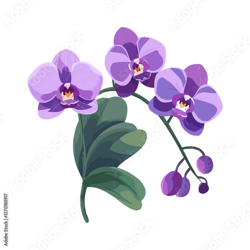 Purple orchid flowers with green leaves on white background, flat icons set.