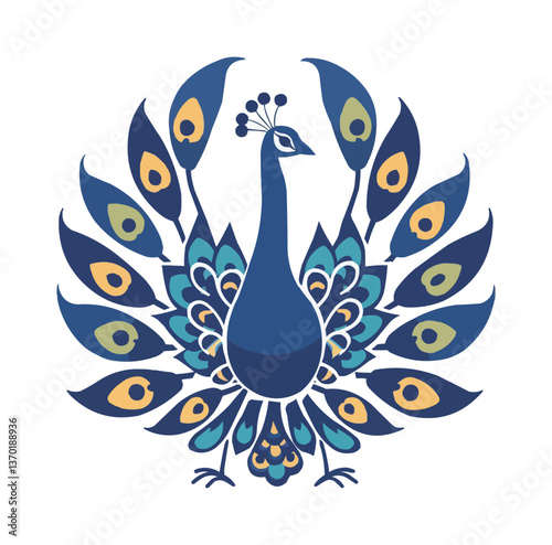 Elegant peacock with outspread feathers in blue tones, exotic bird symbols - flat icons set, vector.
