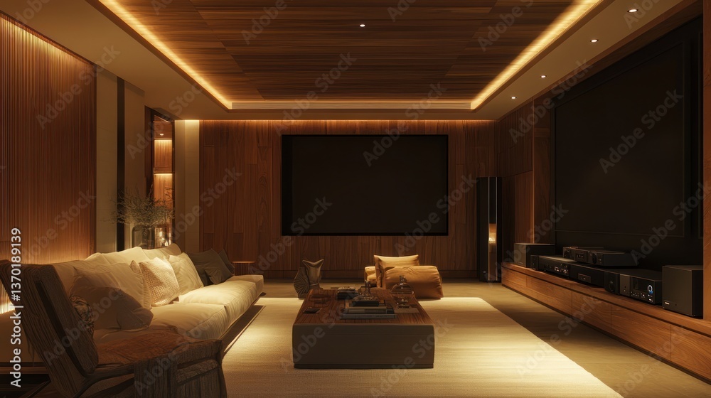 Fototapeta premium Modern home theater room, warm lighting, cozy interior