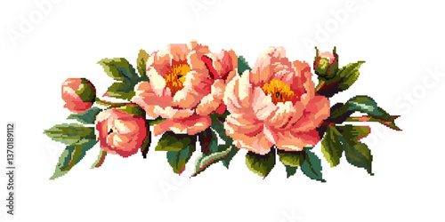 Floral arrangement with pink peonies and leaves, vector, flat style, icons set.