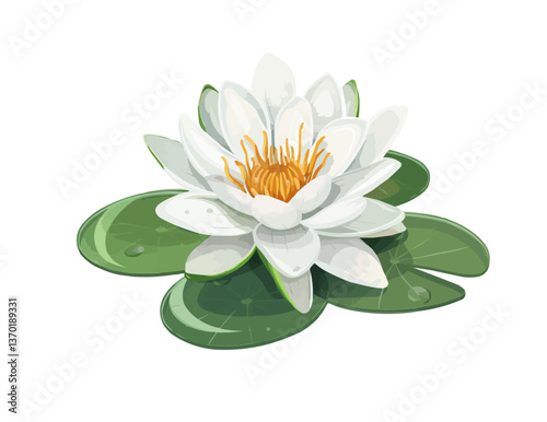 Beautiful white water lily blossom on green leaves, flat icons set, vector.