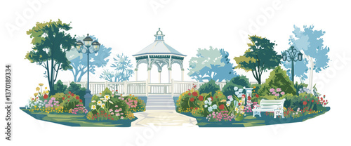 Serene garden gazebo with flowers and benches in park – flat icons set vector.