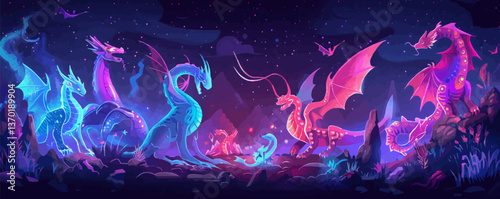 Mystical dragons in vibrant night scene with starry sky, flat icons set, vector.