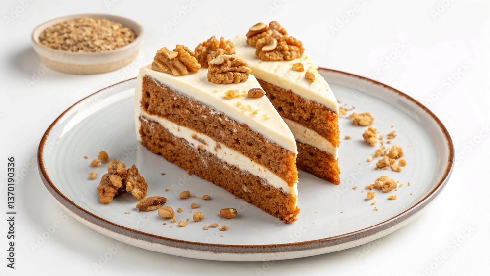 Slice of Layered Carrot Cake with Cream Cheese Frosting and Walnuts, Gourmet Dessert Pastry Slice of Layered Carrot Cake with Cream Cheese Frosting and Walnuts, Gourmet Dessert Pastry