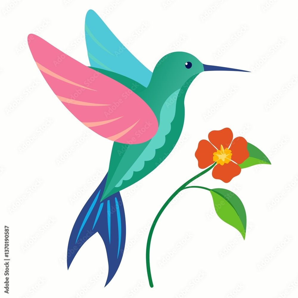 Obraz premium A cartoon hummingbird with pink and blue wings next to a red flower on a white background