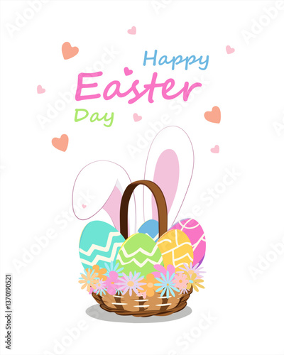 A festive Happy Easter Day greeting card featuring a colorful Easter basket filled with decorated eggs and adorable bunny ears peeking out.